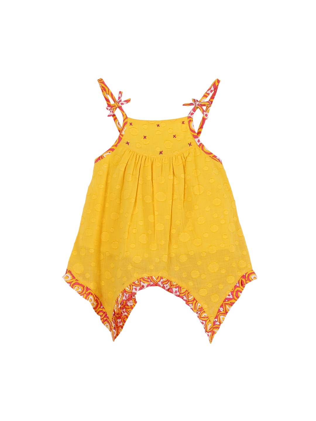 My Little Lambs Girls Yellow Embroidered High-Low Pure Cotton Top