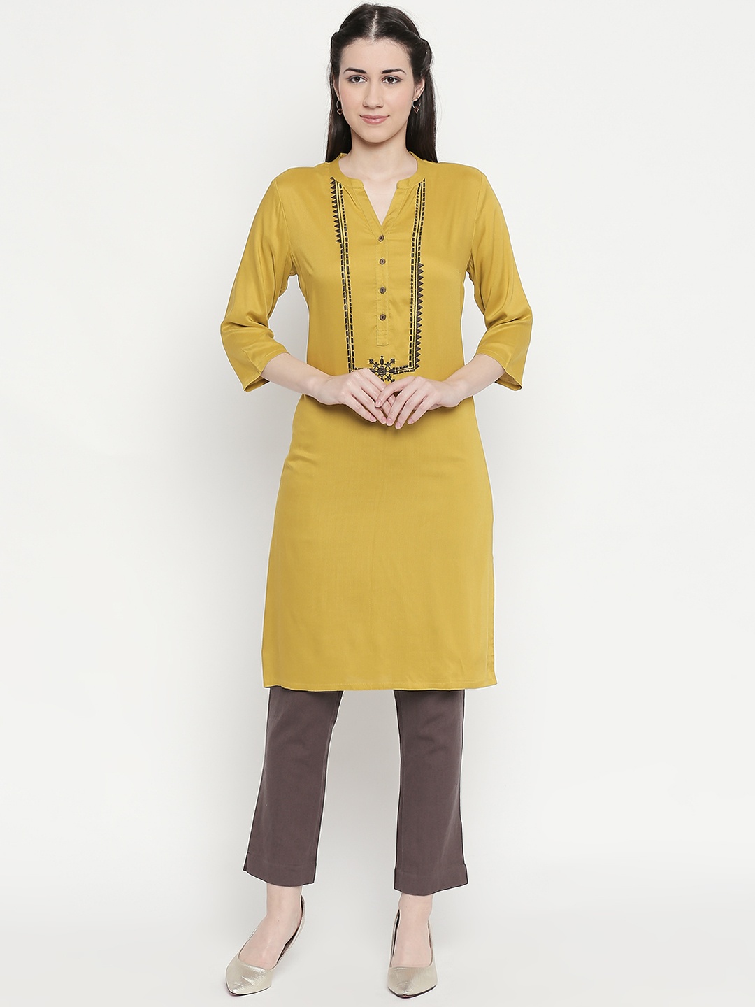 

RANGMANCH BY PANTALOONS Women Yellow & Brown Embroidered Straight Kurta