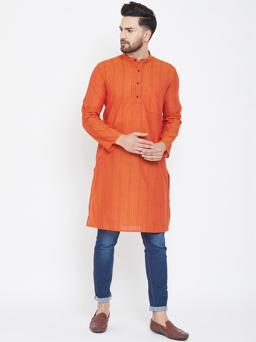 

even Men Orange Striped Straight Kurta