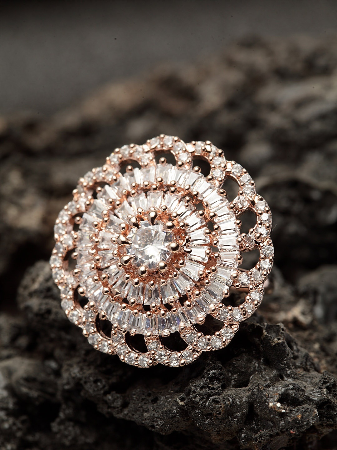 

Bhana Fashion Rose Gold-Plated & White AD-Studded Floral-Shape Handcrafted Finger Ring
