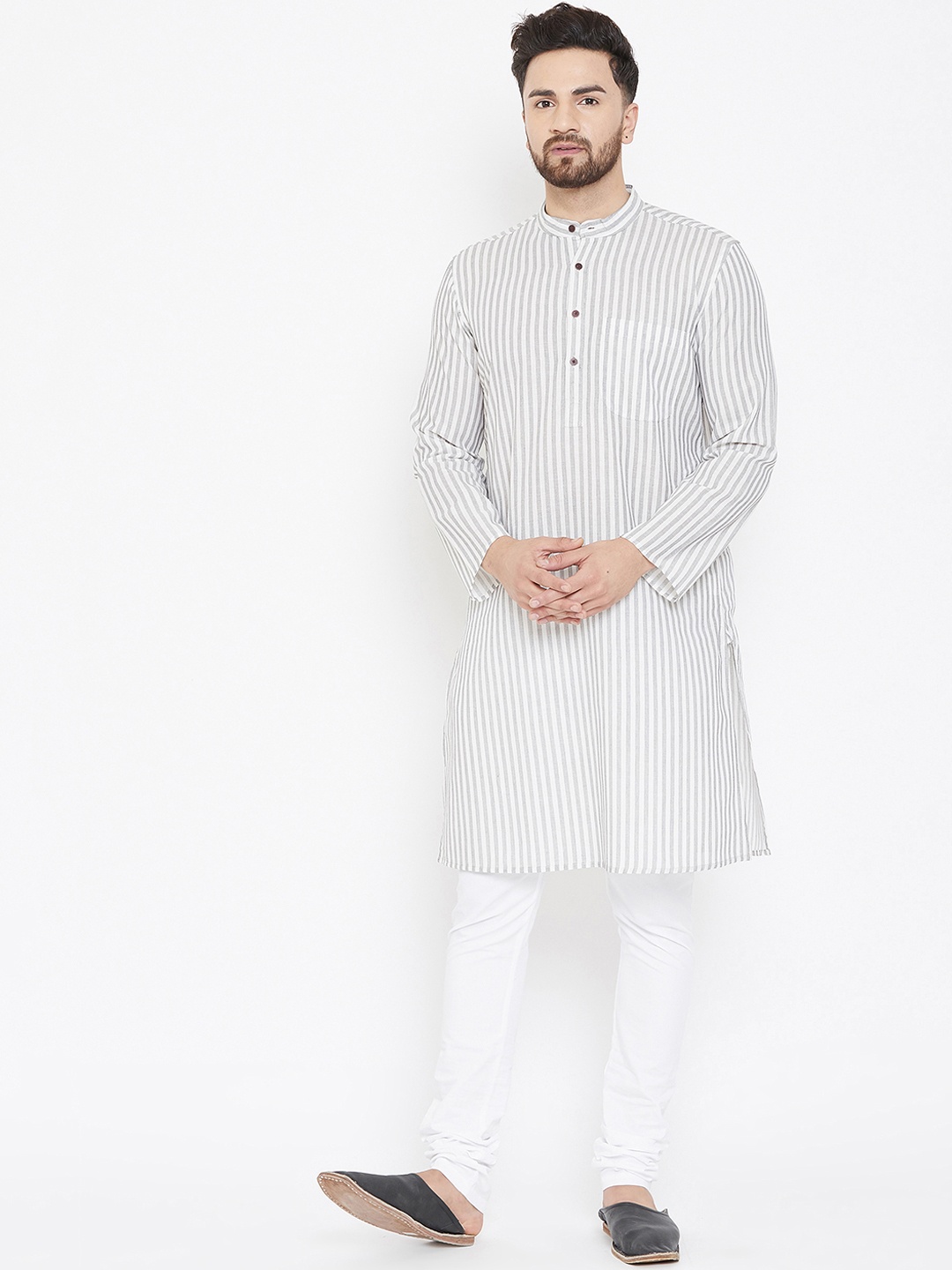 

even Men White & Grey Striped Straight Kurta