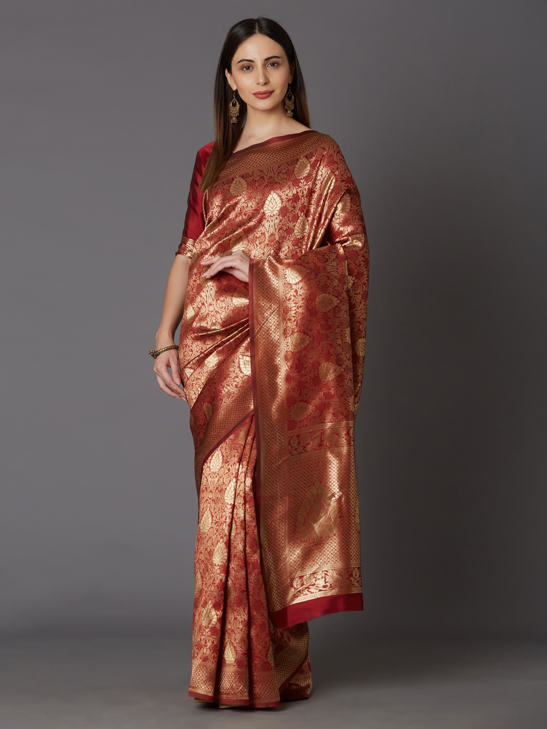

Mitera Maroon & Gold-Coloured Silk Blend Woven Design Kanjeevaram Saree