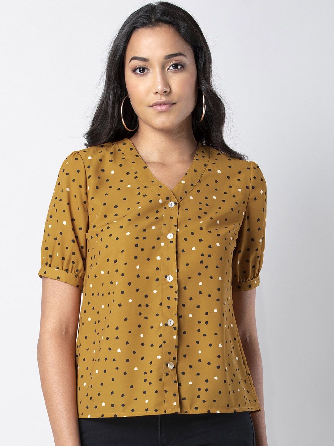 

FabAlley Women Mustard Printed Shirt Style Top