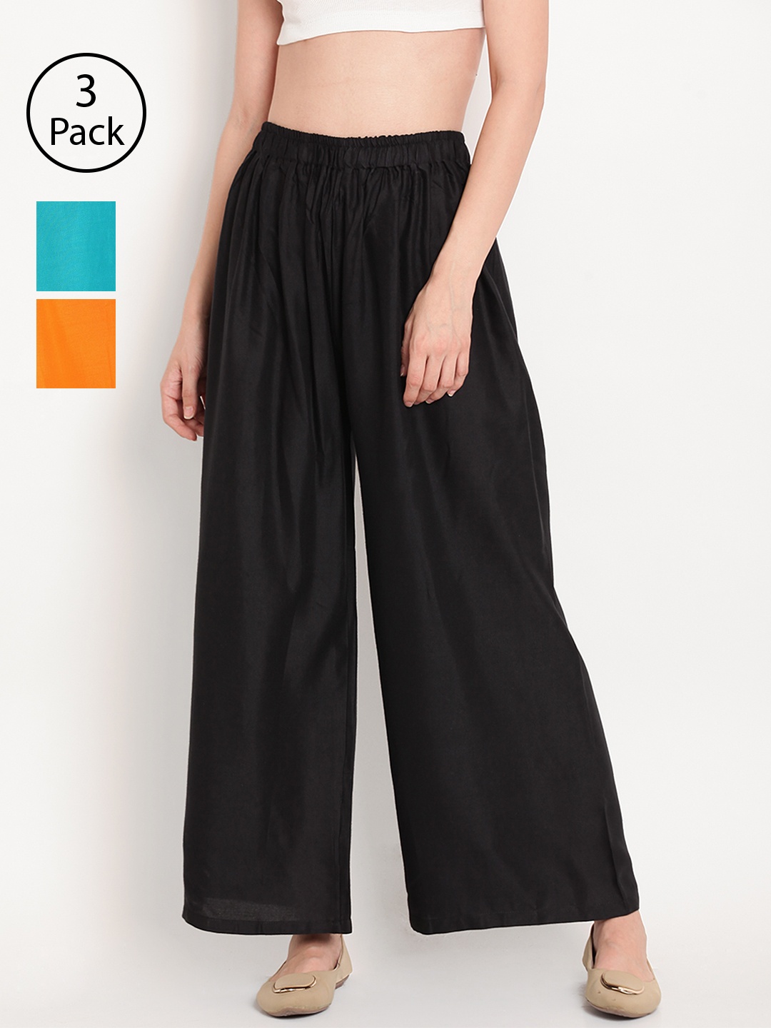 

TAG 7 Women Pack of 3 Solid Wide Leg Palazzos, Black