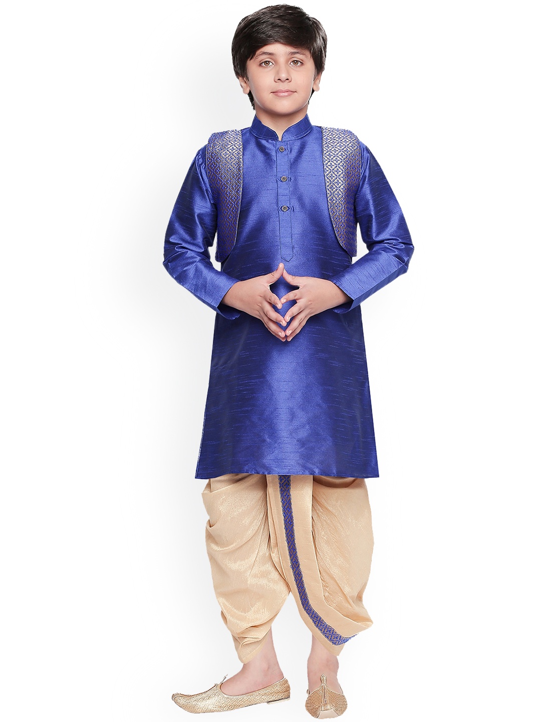 

Jeetethnics Boys Navy Blue & Gold-Toned Solid Kurta with Dhoti Pants