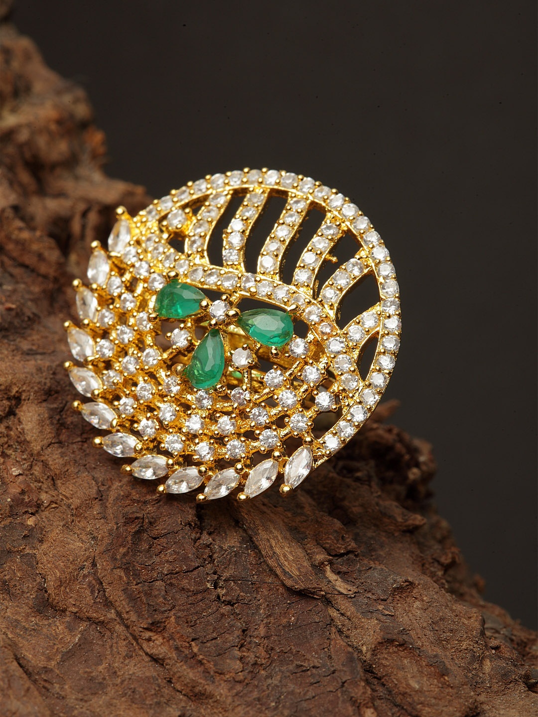 

Bhana Fashion Gold-Plated & Green American Diamond Studded Circular Finger Ring