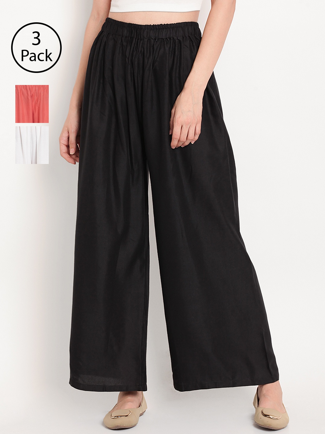 

TAG 7 Women Pack Of 3 Solid Wide Leg Palazzos, Black