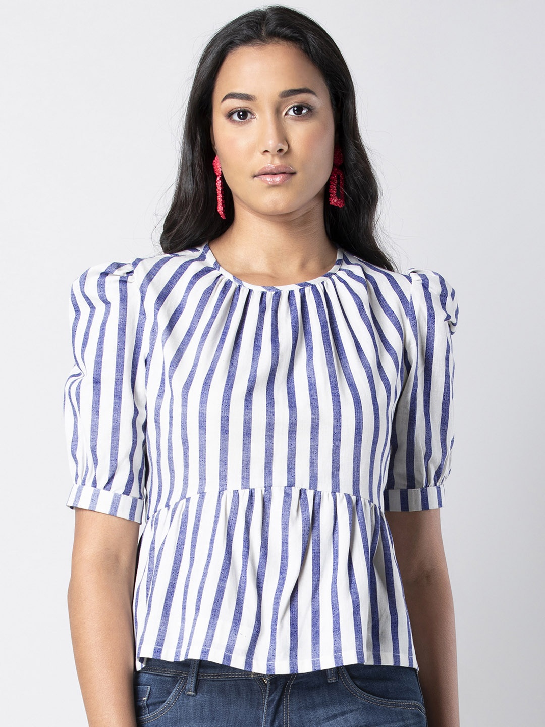 

FabAlley Women Blue Striped Peplum Pure Cotton Top