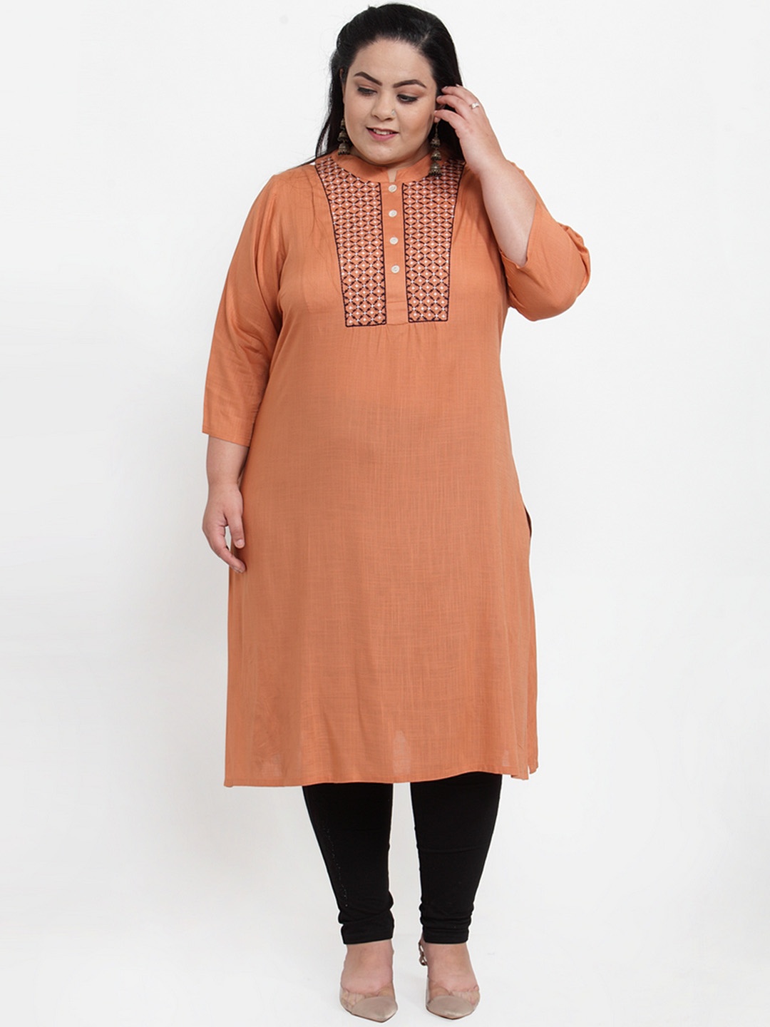 

plusS Women Peach-Coloured Yoke Design Straight Kurta