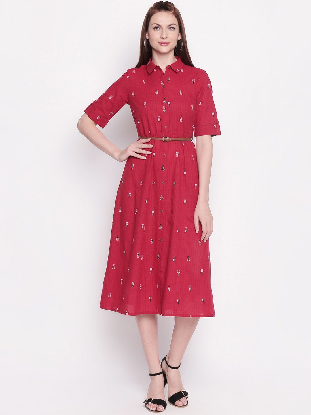 

AKKRITI BY PANTALOONS Women Maroon Checked A-Line Dress