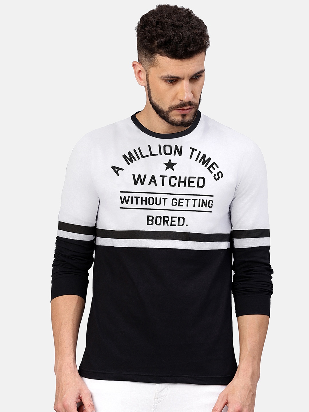 Maniac Men White Black Printed Round Neck Pure Cotton T-shirt