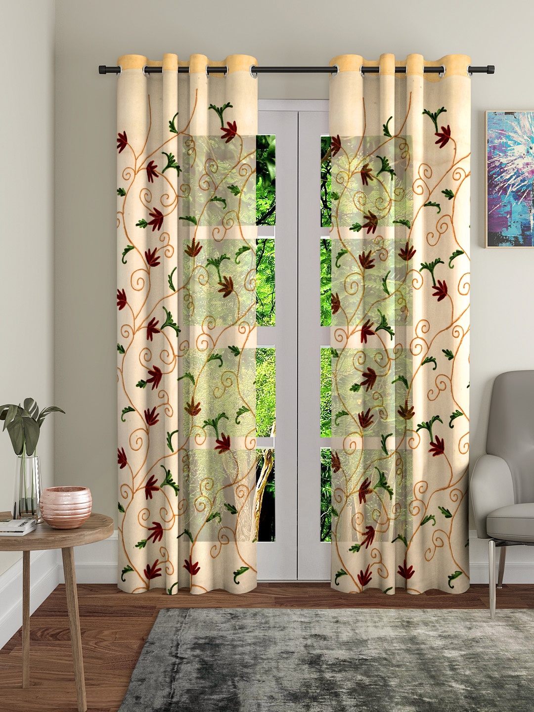 Soumya Beige & Green Single Sheer Hand Embroidered Door Curtain