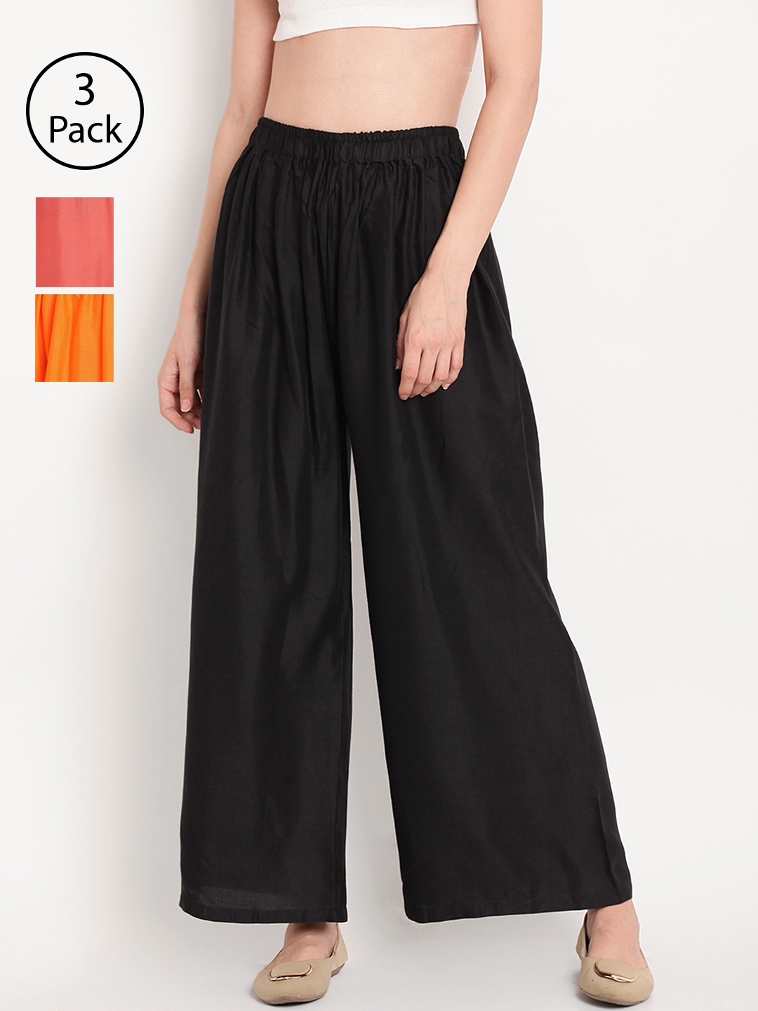 

TAG 7 Women Pack of 3 Solid Wide Leg Palazzos, Black
