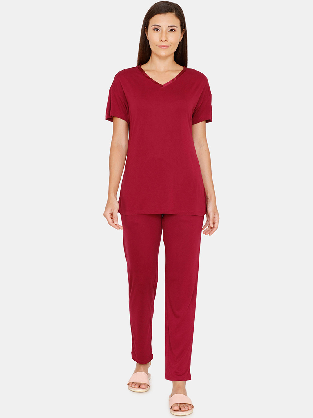 

Zivame Women Maroon Solid Night suit