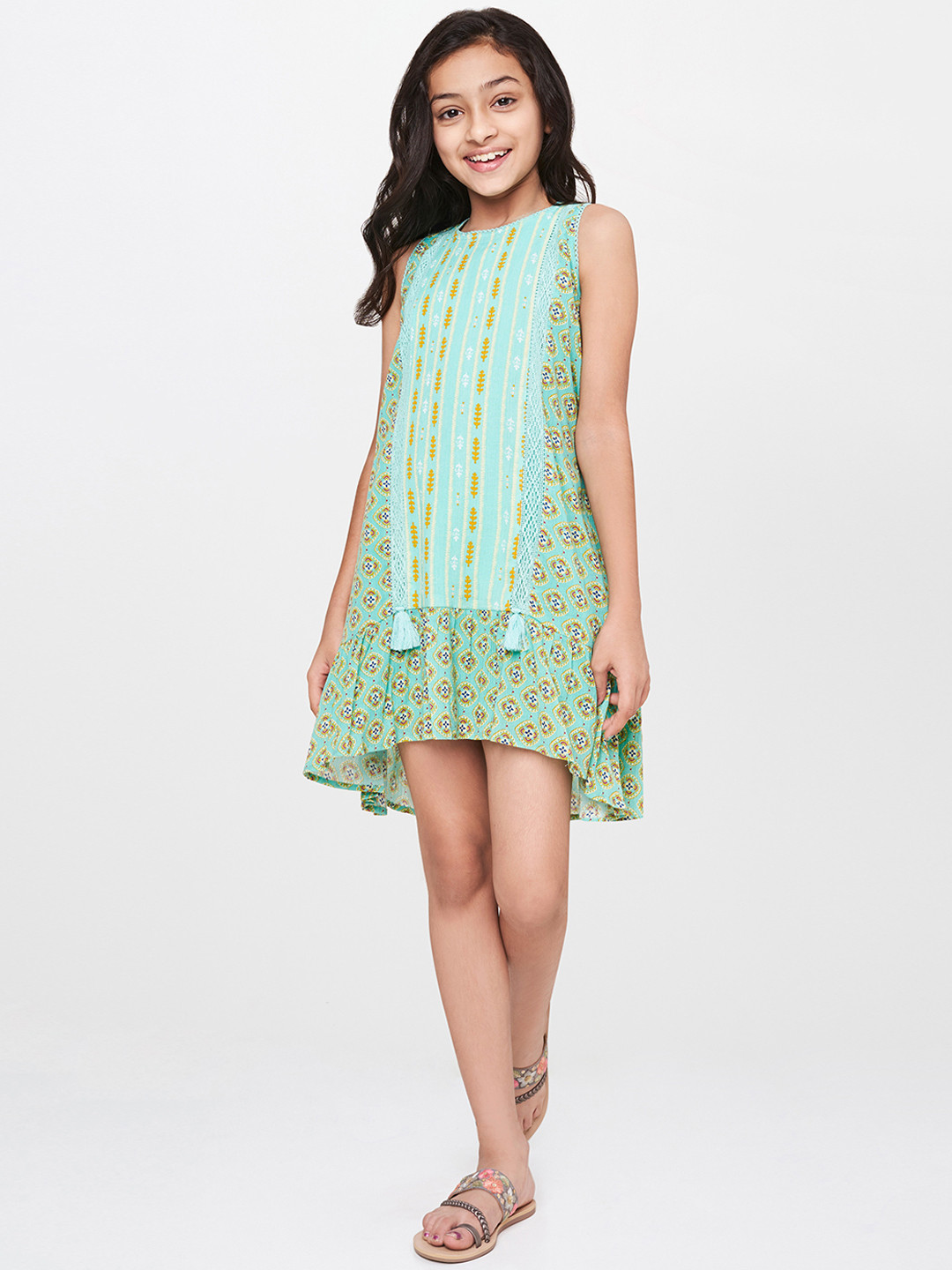 

Global Desi Girls Blue & Green Printed A-Line Dress
