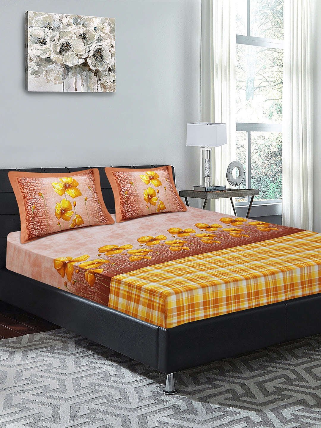 

Good Homes by Home Candy Orange & Pink Floral 210 TC Cotton 1 King Bedsheet with 2 Pillow Covers