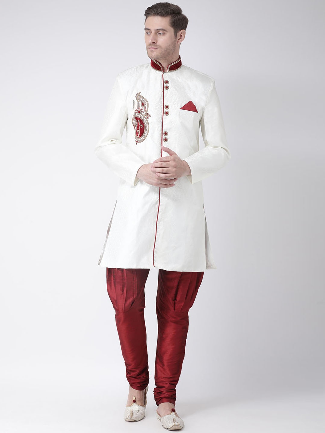 

SG LEMAN Men Cream-Coloured & Maroon Sherwani Set
