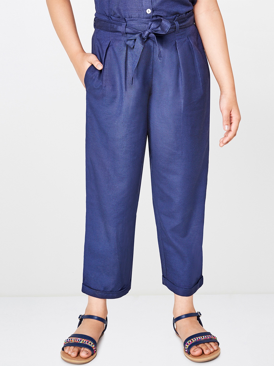 

Global Desi Girls Blue Regular Fit Solid Cigarette Trousers