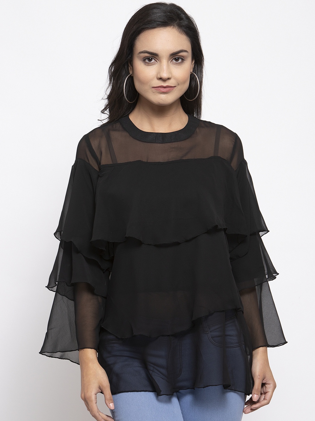 

Jompers Women Black Solid Longline Tiered Top