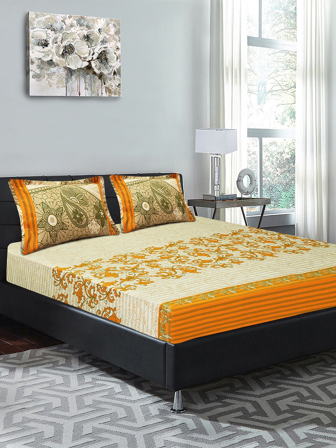 

Good Homes by Home Candy Orange & Yellow Ethnic Motifs 210 TC Cotton 1 King Bedsheet with 2 Pillow Covers