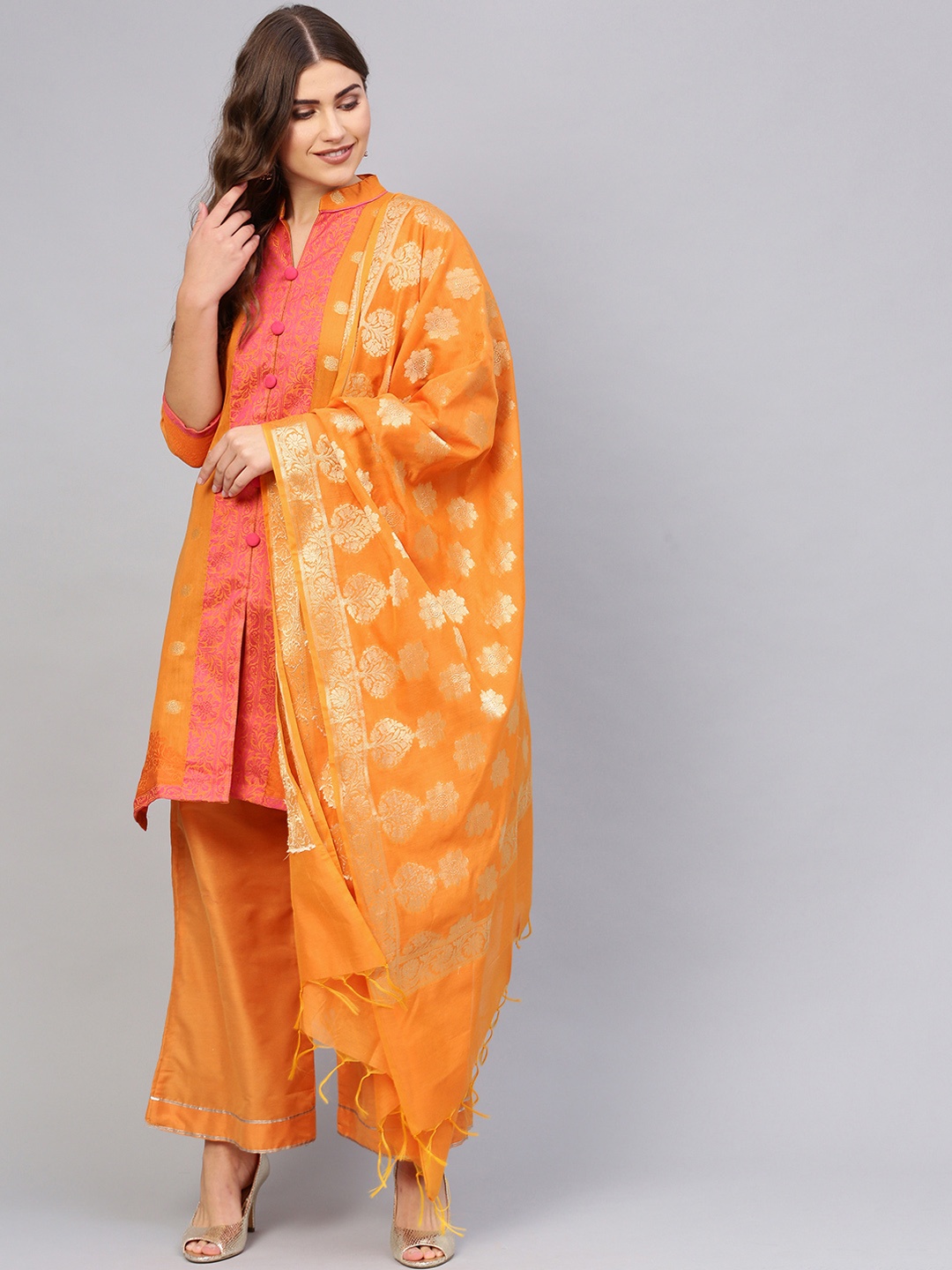 

Chhabra 555 Orange Art Silk Unstitched Dress Material