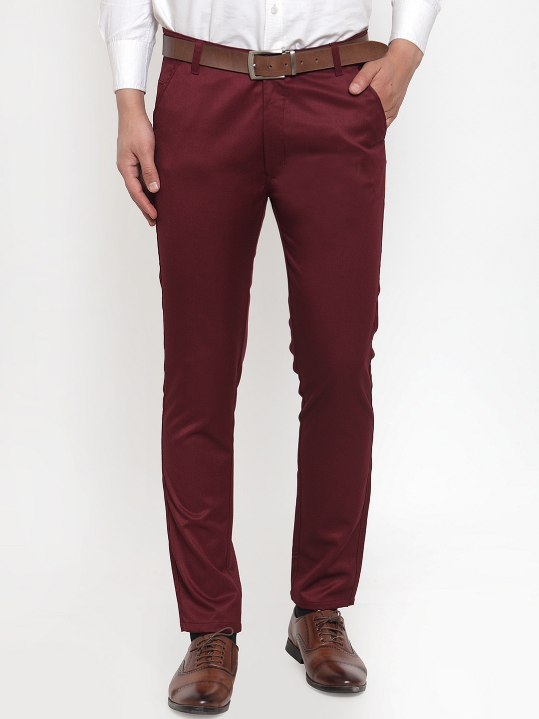 JAINISH Men Maroon Smart Slim Fit Solid Formal Trousers