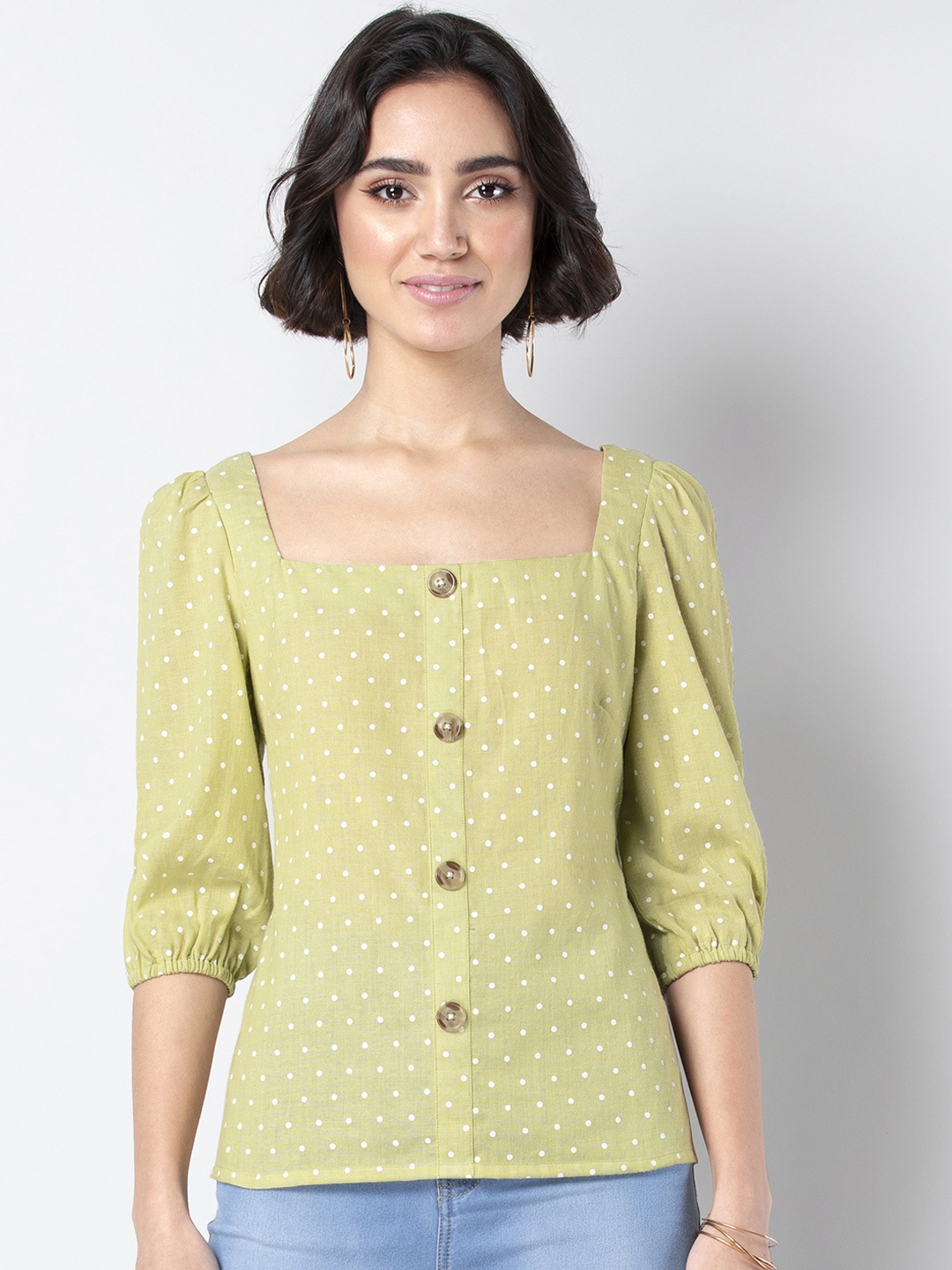 

FabAlley Women Green Printed Shirt Style Pure Cotton Top