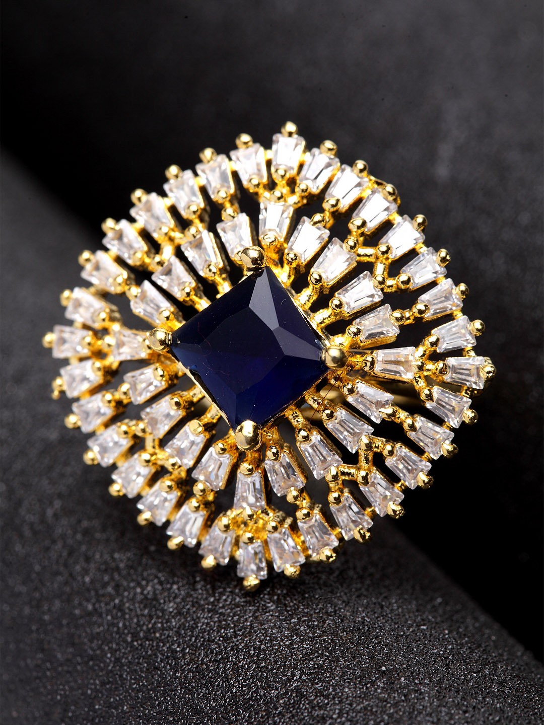 

Bhana Fashion Gold-Plated White & Blue AD-Studded Square-Shape Handcrafted Finger Ring