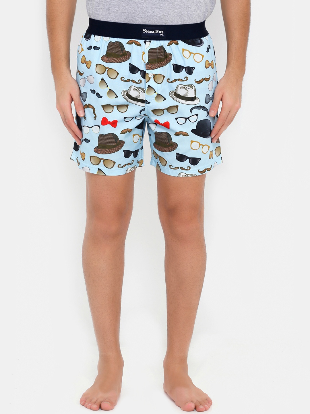 

Smugglerz Men Blue & Brown Printed Pure Cotton Boxers HAT & GLASSES-BXR-BLUE-S