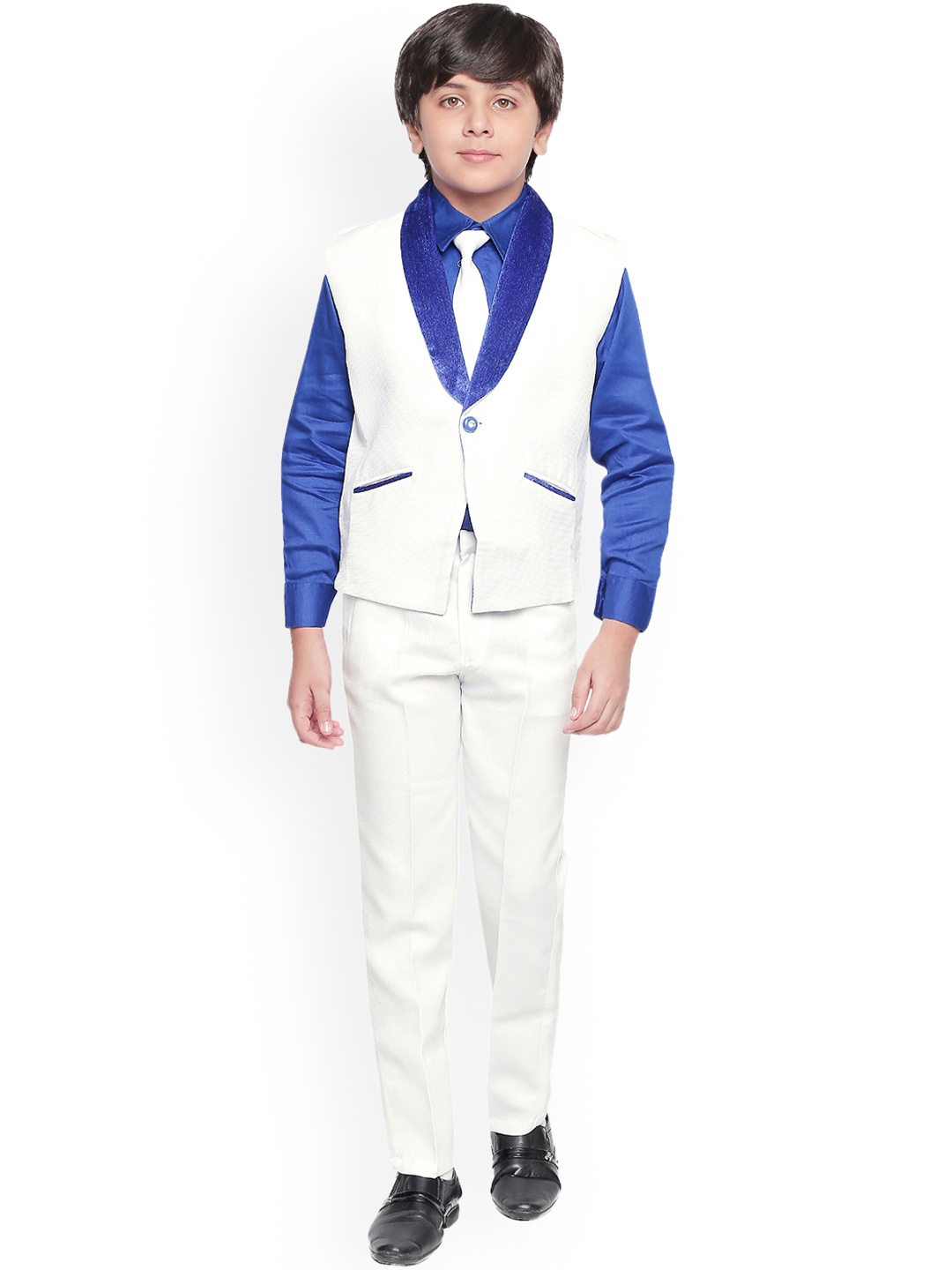 Jeetethnics Boys White & Blue Solid Shirt with Trousers & Waist Coat