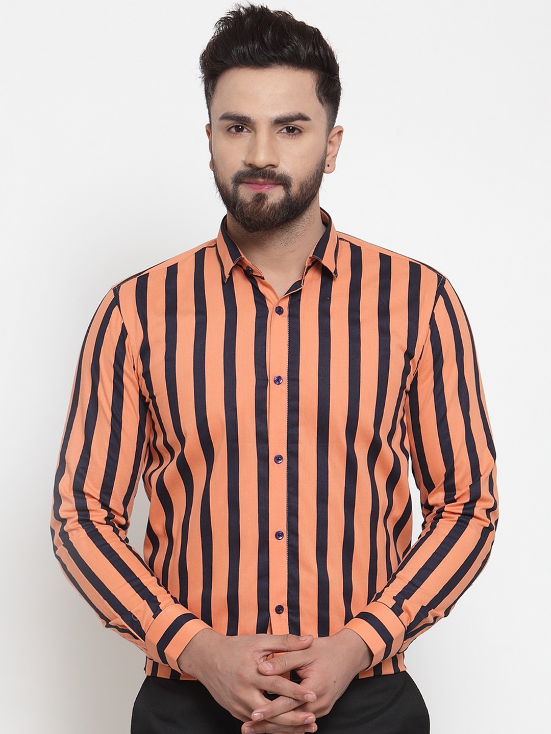 

JAINISH Men Orange & Black Regular Fit Striped Party Shirt