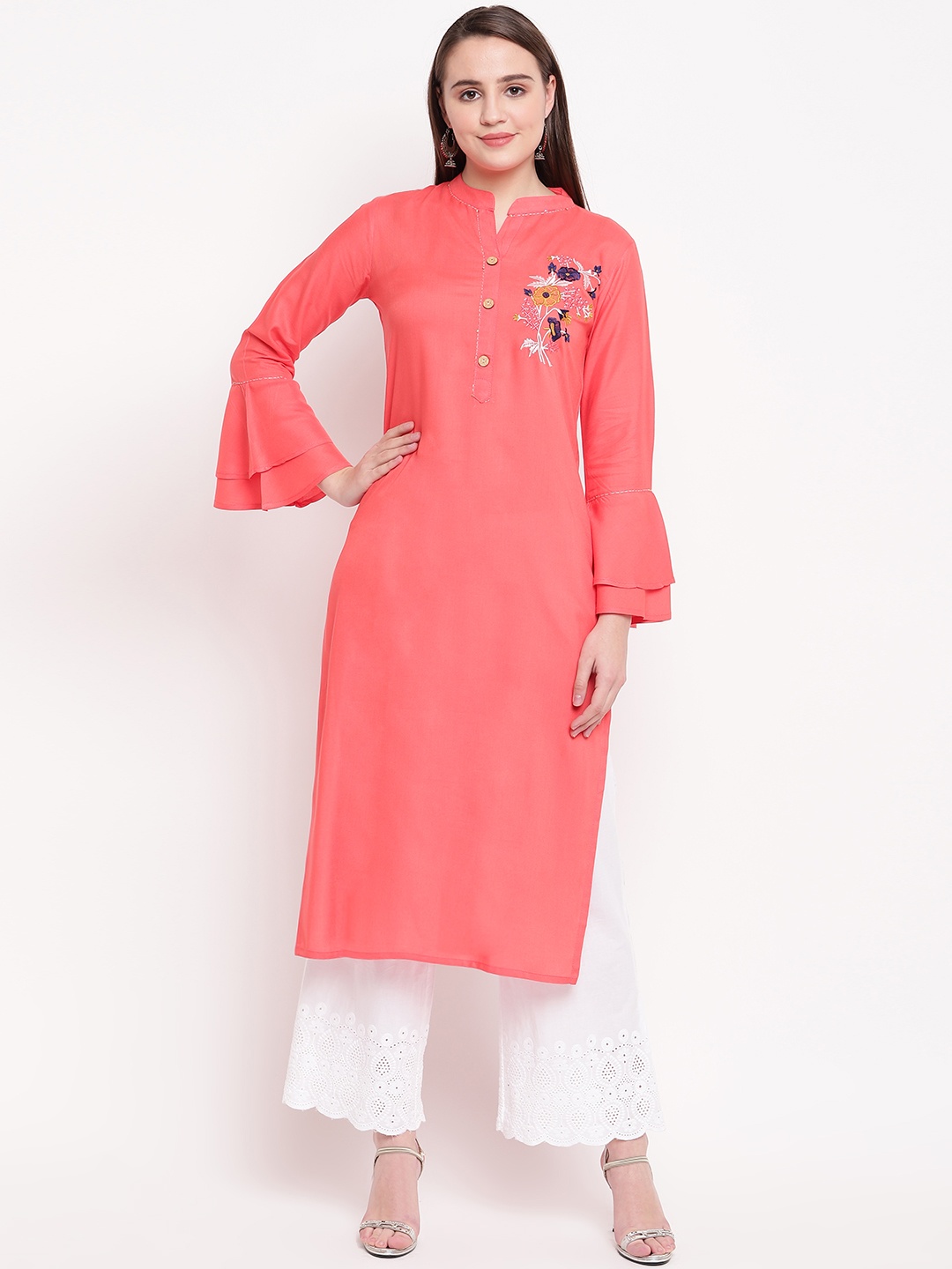 

Vbuyz Women Peach-Coloured Embroidered Straight Kurta