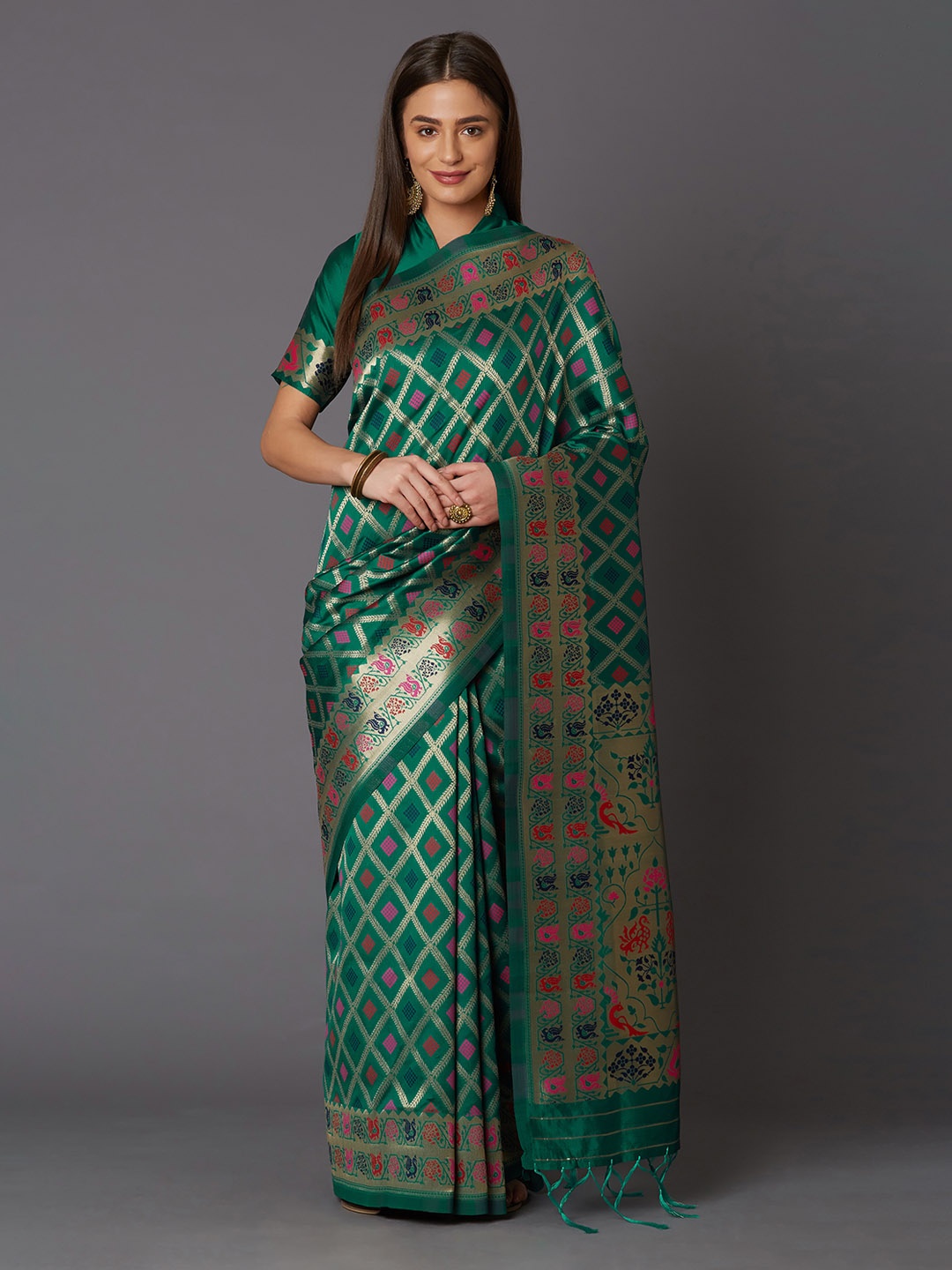 

Mitera Green Silk Blend Woven Design Banarasi Saree