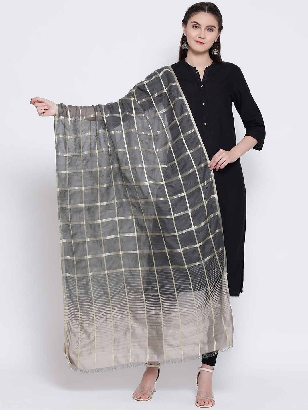 

SHINGORA Grey & Gold-Toned Checked Antimicrobial Dupatta