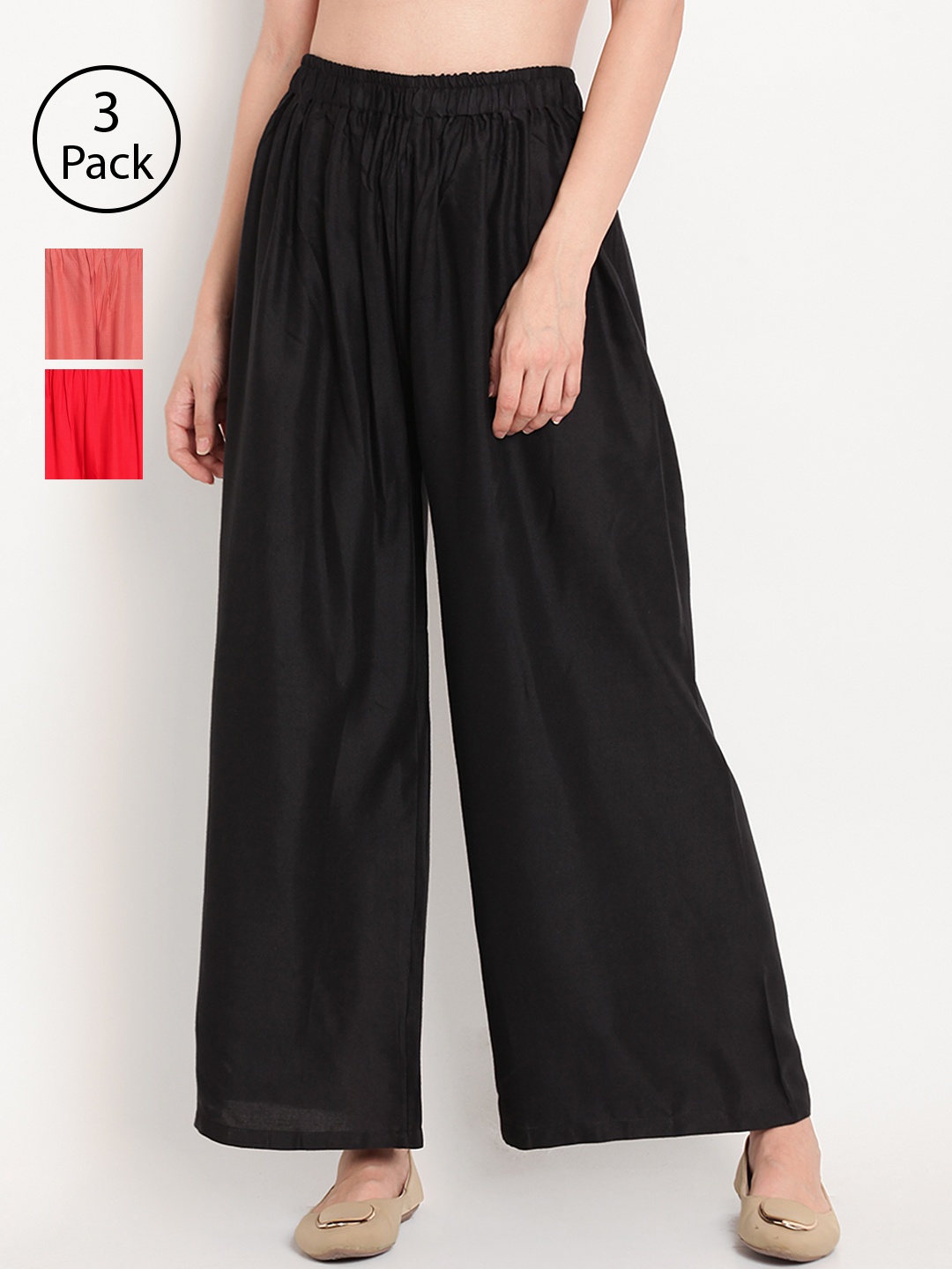 

TAG 7 Women Pack of 3 Solid Wide Leg Palazzos, Black