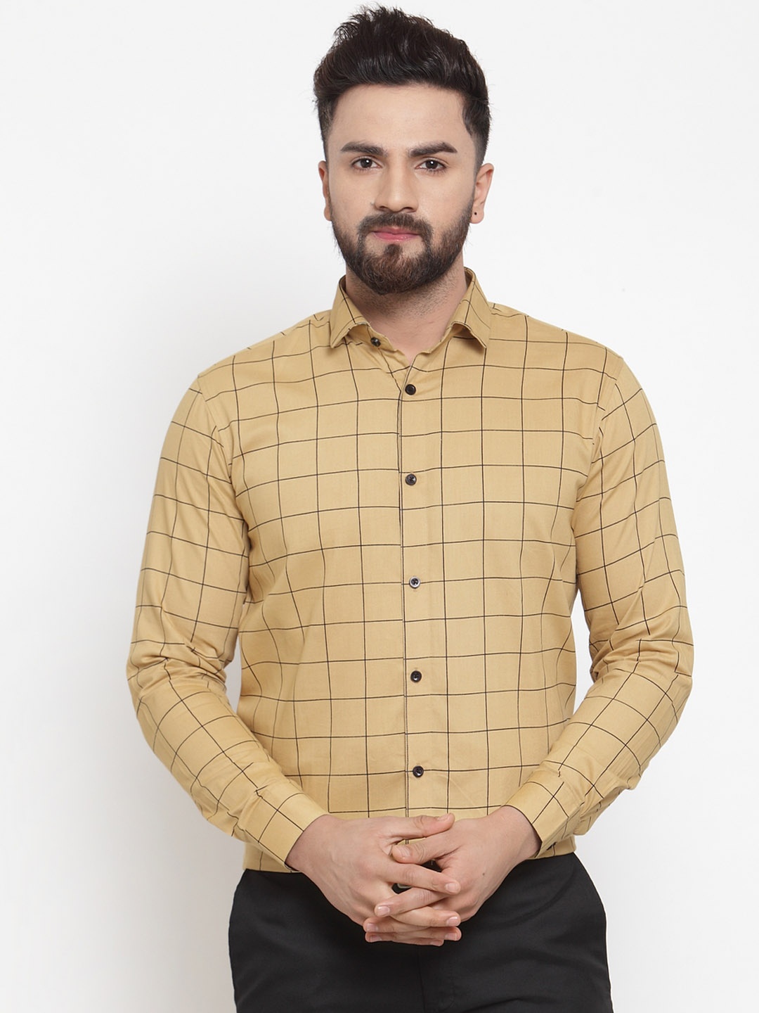 

JAINISH Men Beige & Black Regular Fit Checked Formal Shirt
