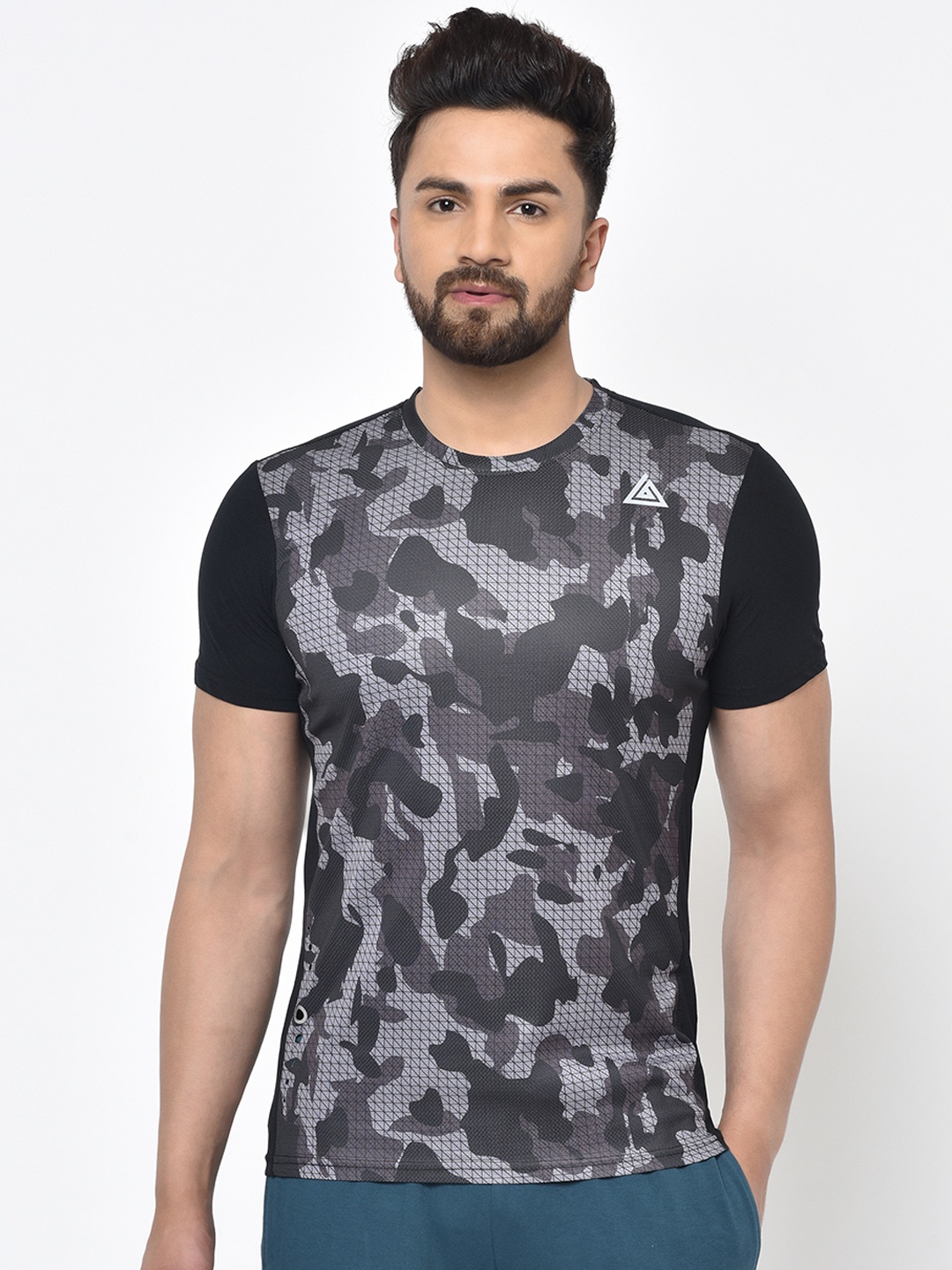 

Aesthetic Bodies Men Grey Camouflage Print Round Neck T-shirt