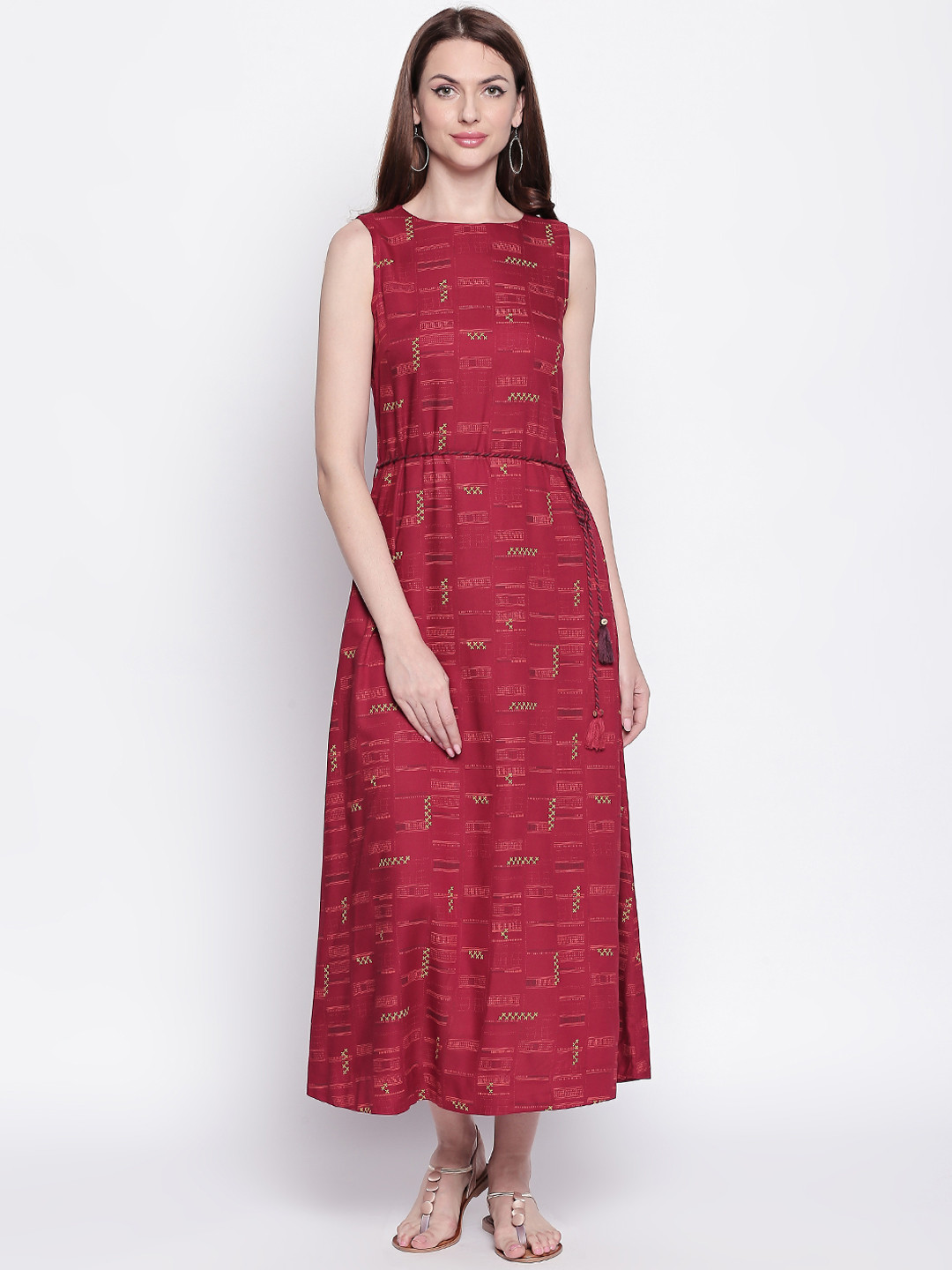 

AKKRITI BY PANTALOONS Women Maroon & Yellow Printed Fit and Flare Dress