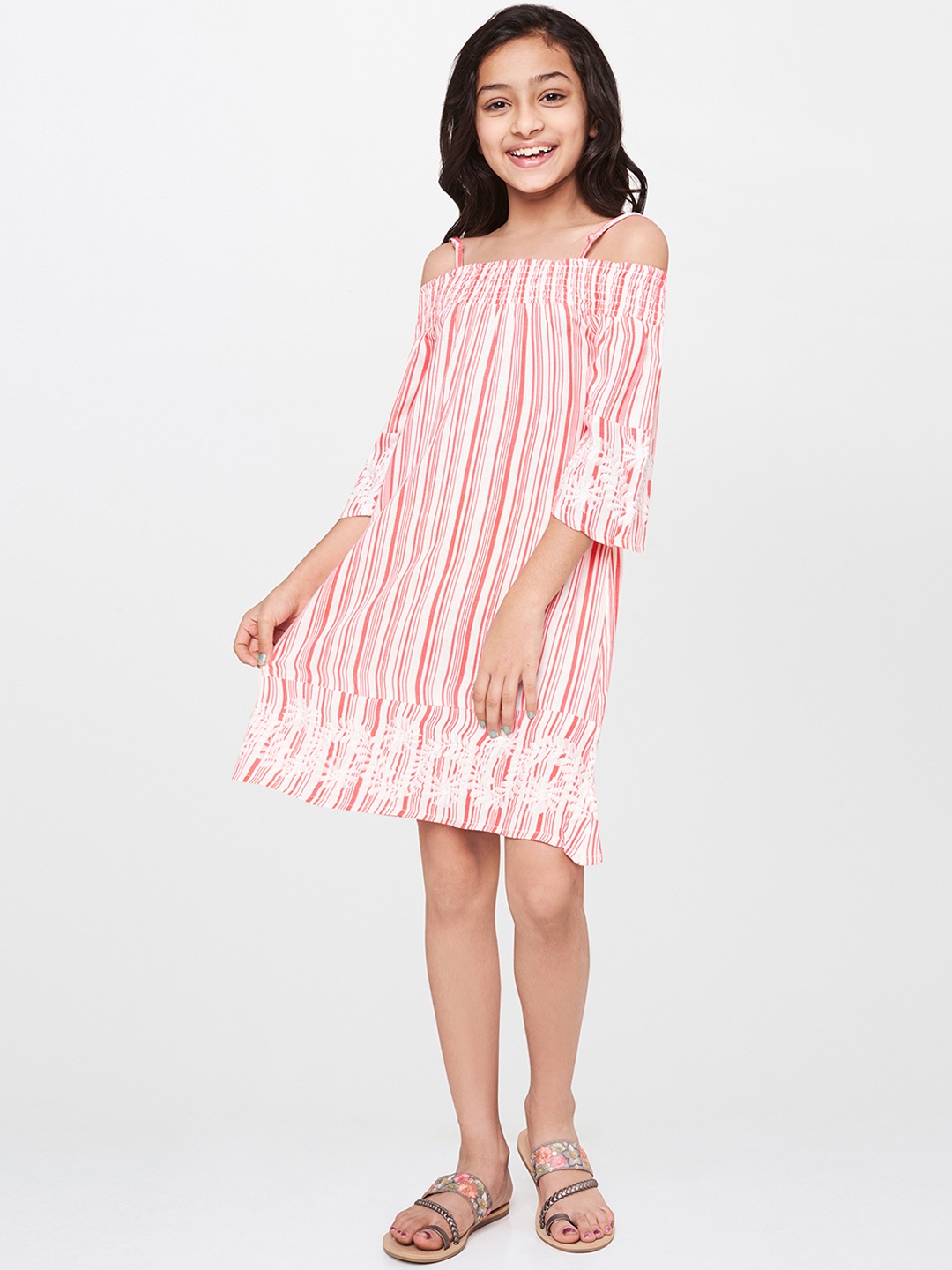 

Global Desi Girls Coral Pink & Off-White Striped A-Line Dress