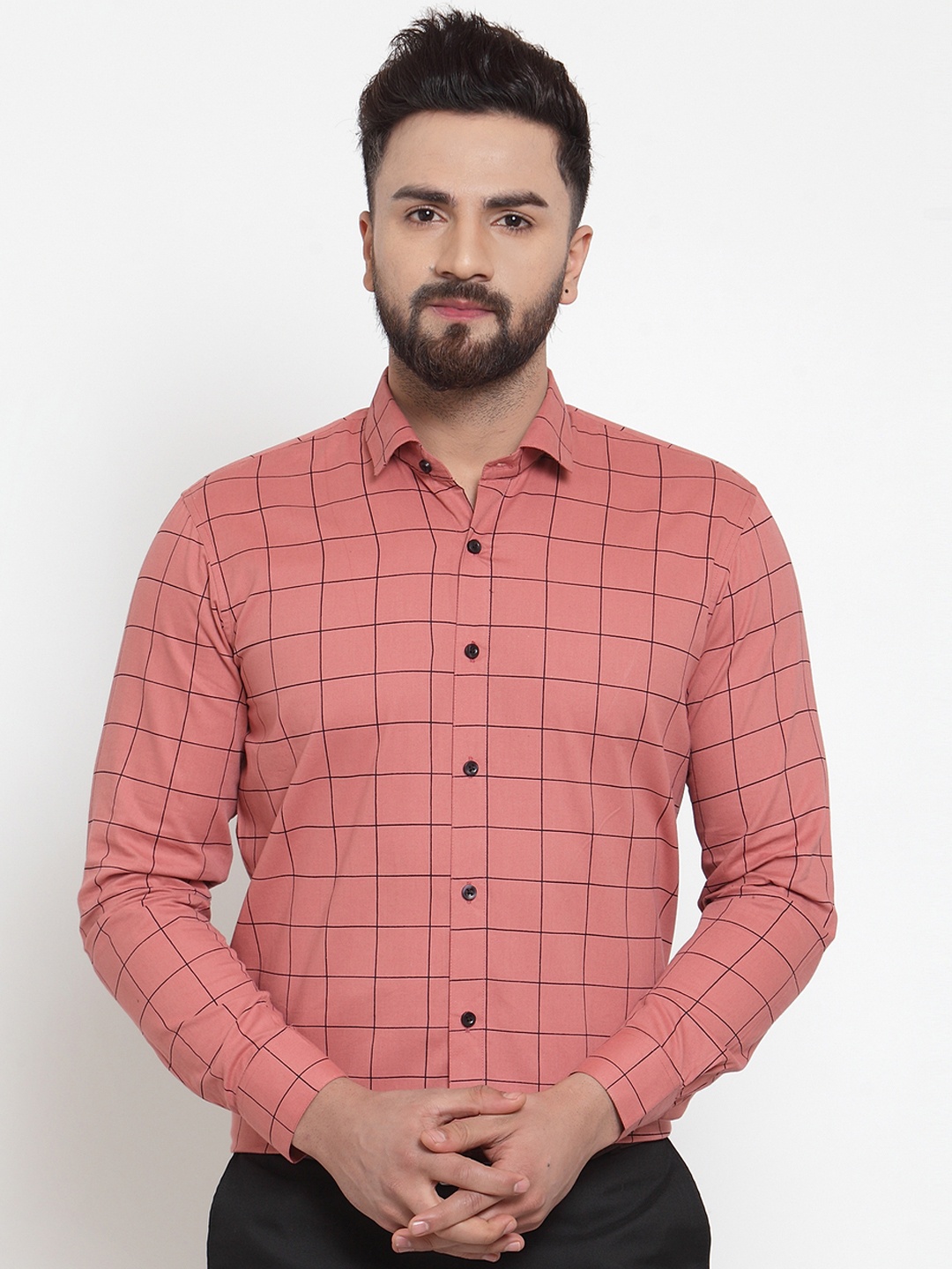

JAINISH Men Peach-Coloured & Black Regular Fit Checked Formal Shirt