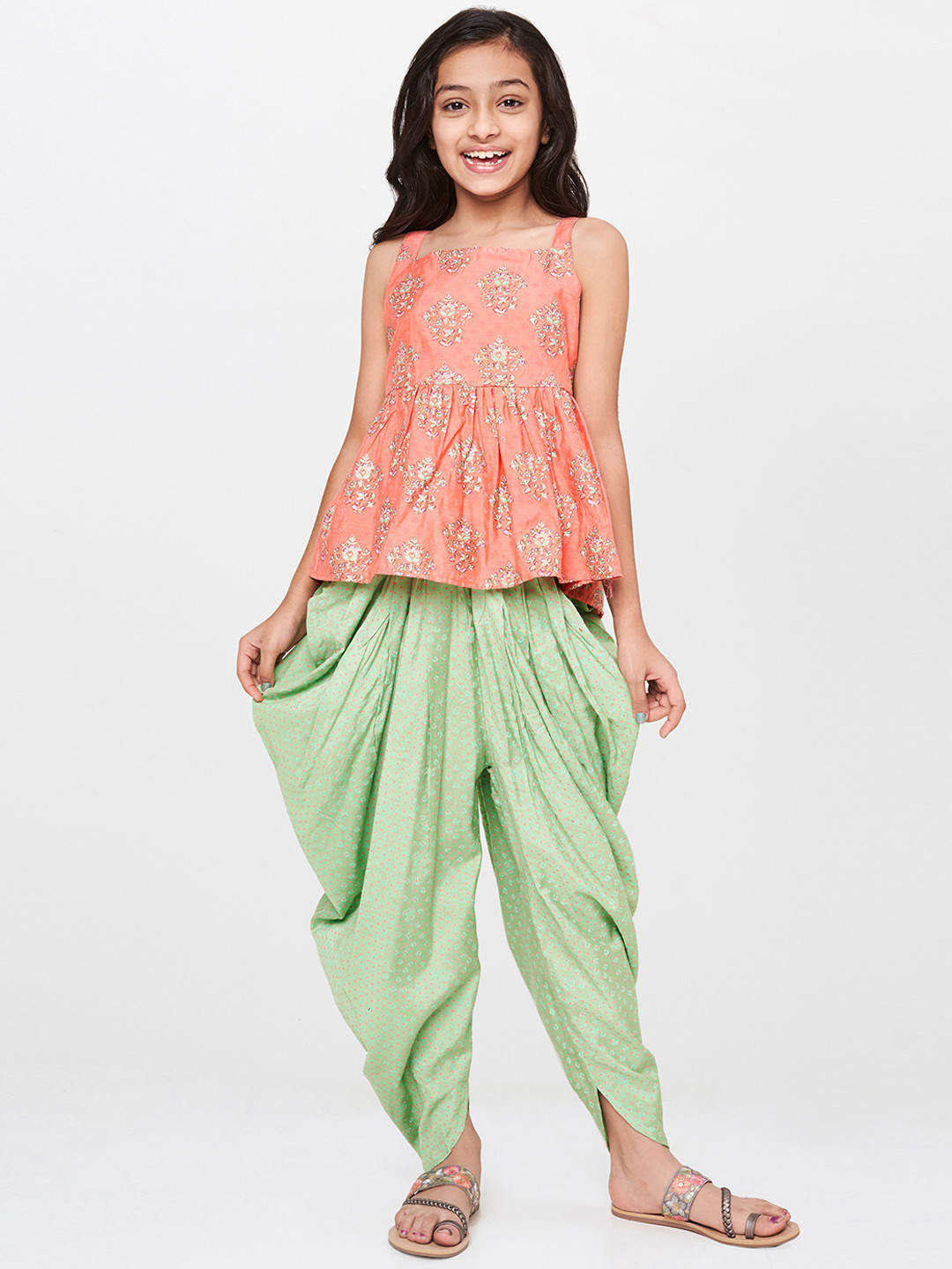

Global Desi Girls Orange & Green Printed Top with Dhoti Pants