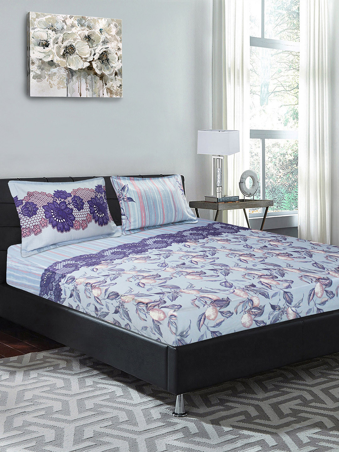 

Good Homes by Home Candy Purple Floral 210 TC Cotton 1 King Bedsheet with 2 Pillow Covers