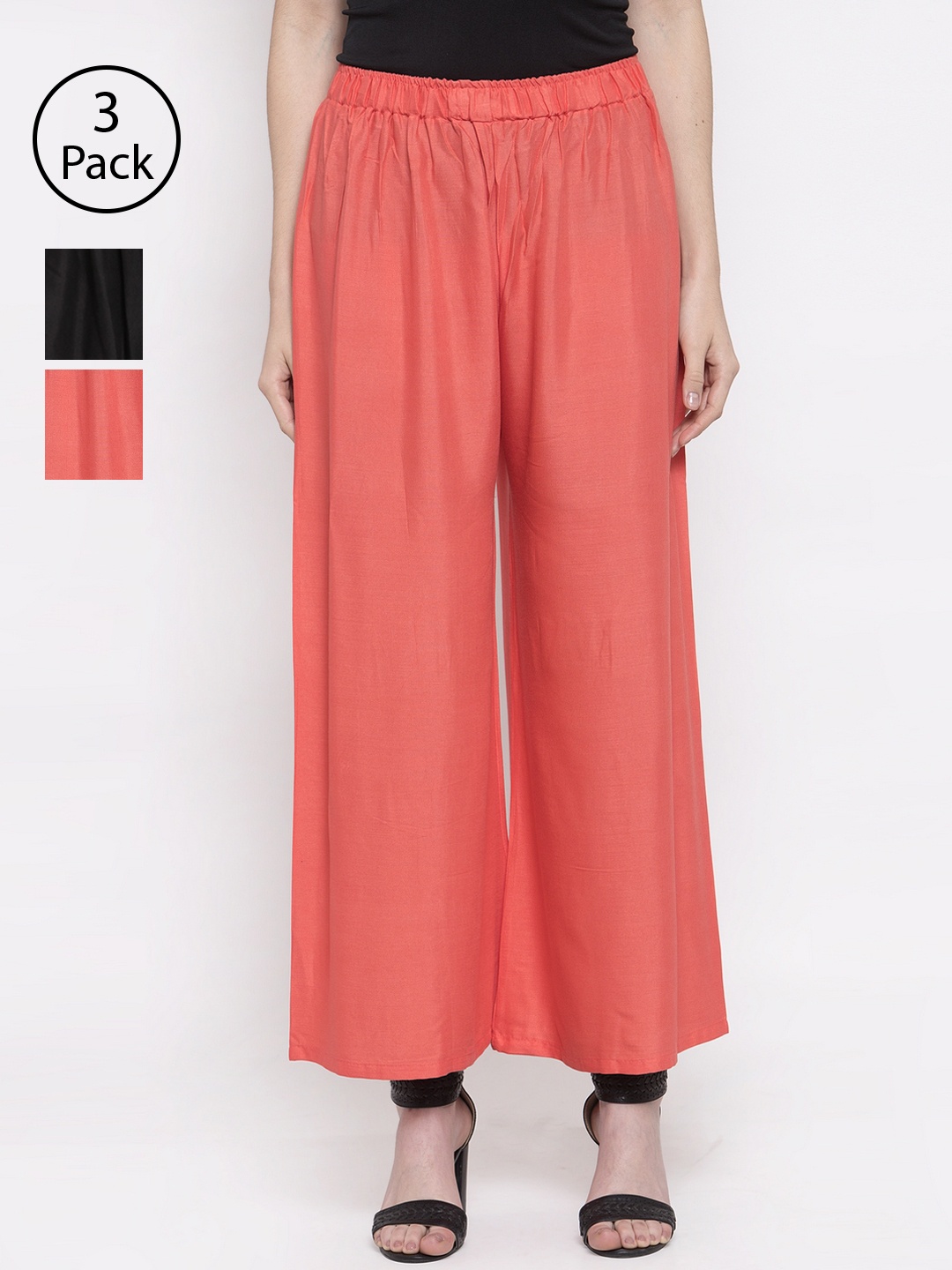 

TAG 7 Women Black & Peach-Coloured Solid Wide Leg Palazzos