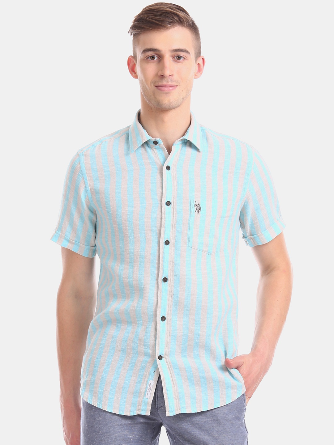 

U.S. Polo Assn. Men Blue Regular Fit Striped Casual Shirt