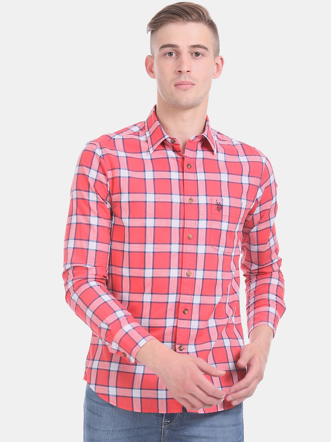 U.S. Polo Assn. Men Pink & White Regular Fit Checked Casual Shirt