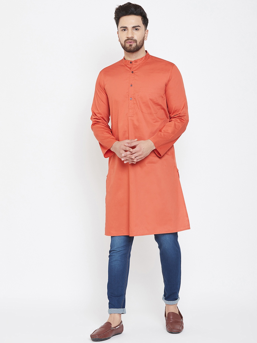 even Men Orange Solid Straight Kurta