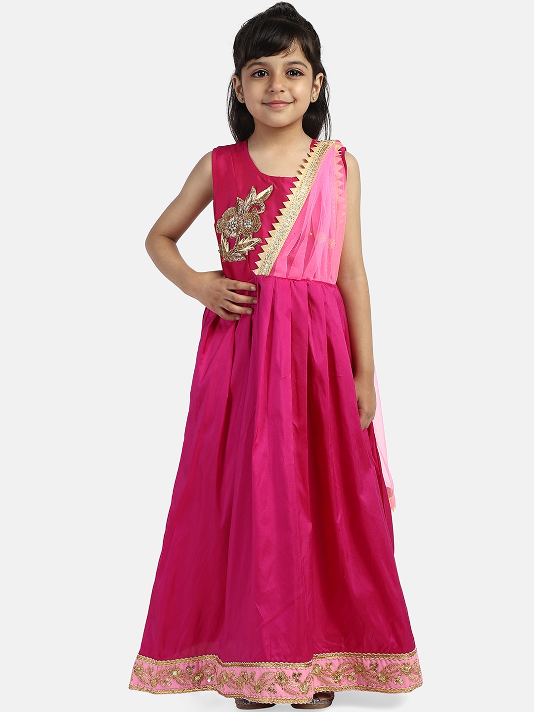BownBee Girls Pink & Gold-Coloured Embellished Drape Maxi Dress