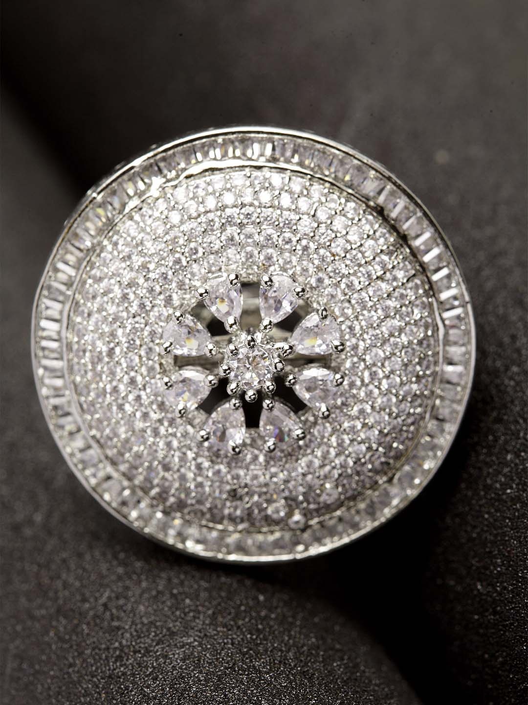

Bhana Fashion Silver-Plated & White American Diamond Stone Studded Handcrafted Circular Finger Ring