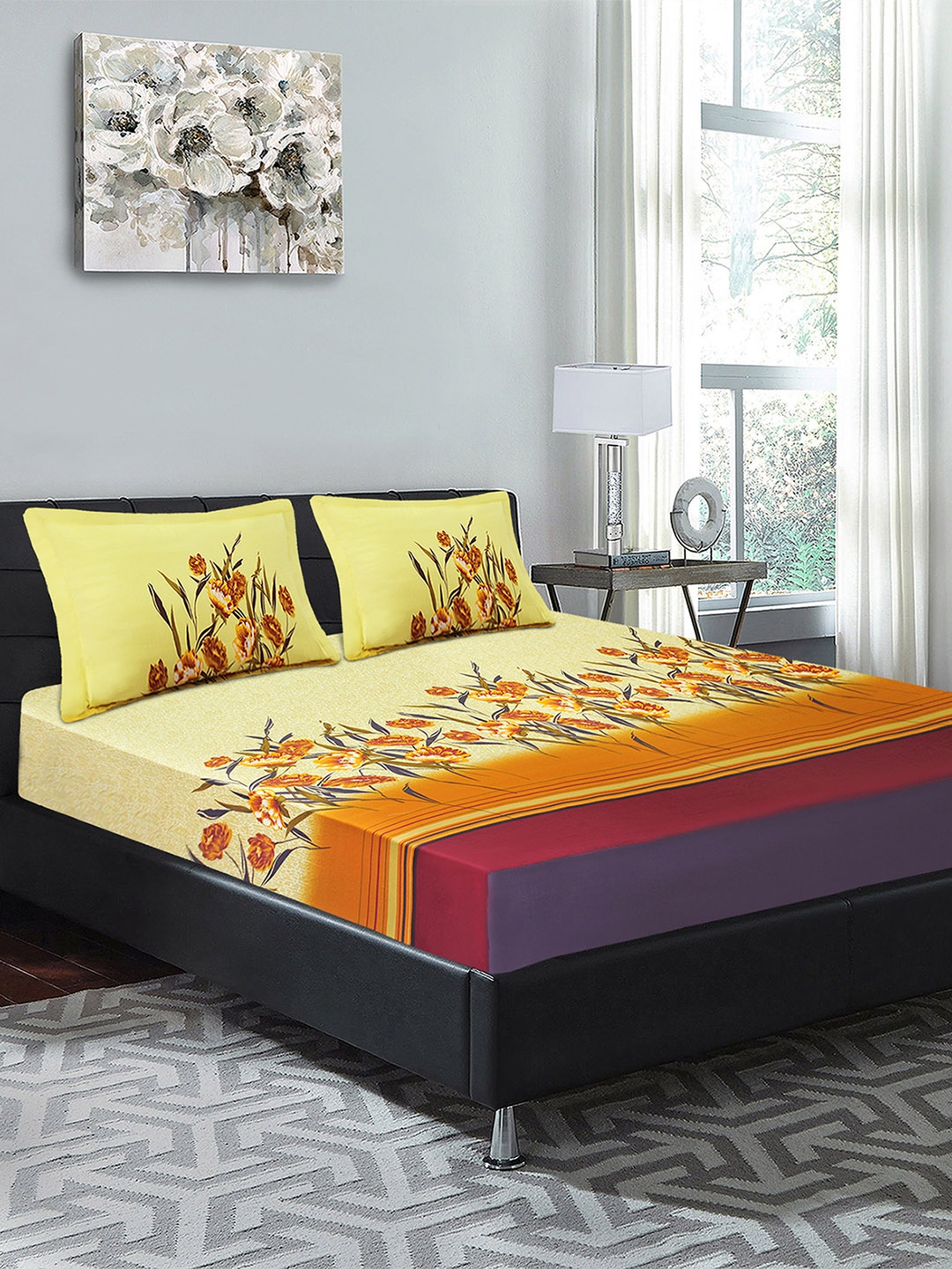 

Good Homes by Home Candy Yellow Floral 210 TC Cotton 1 King Bedsheet with 2 Pillow Covers
