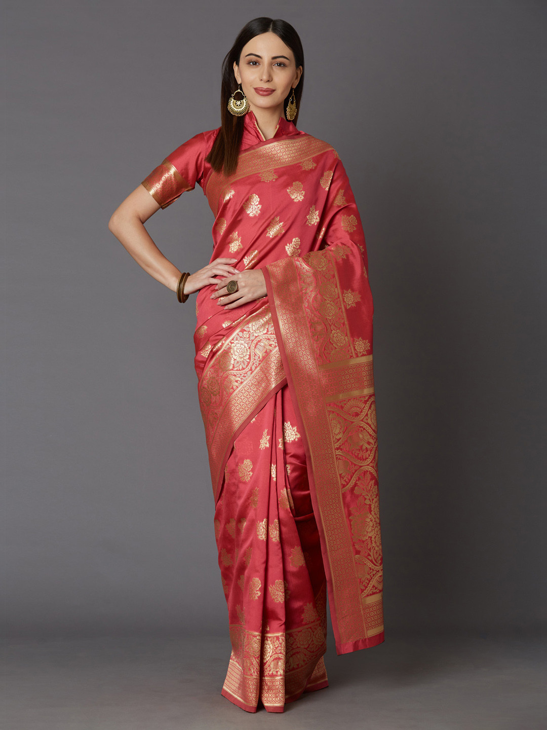

Mitera Peach-Coloured & Gold-Toned Silk Blend Woven Design Kanjeevaram Saree